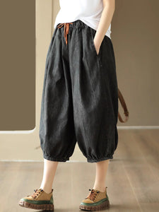 Women Summer CasuaL Solid Drawstring Pocket Denim Harem Pants