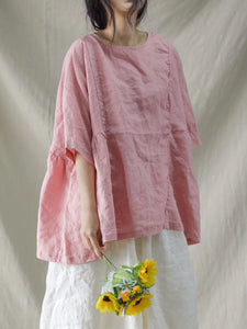 Women Summer Solid Stitching Loose Linen Shirt