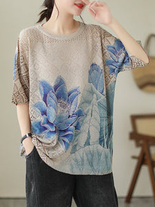 Women Summer Retro Blue Flower  Knitted Shirt