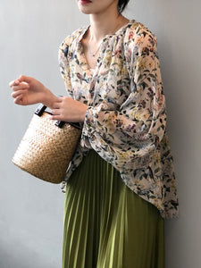 Women Summer Artsy Floral V-neck Loose Shirt