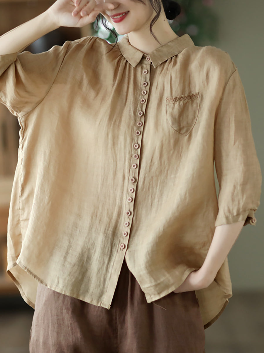 Women Spring Artsy Solid Button Embroidery Loose Ramie Shirt