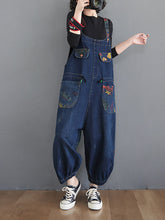 Load image into Gallery viewer, Women Casual Retro Print Pocket Loose Spliced Denim Jumpsuits