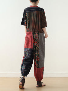 Women Summer Vintage Patchwock Drawstring Linen Jumpsuits