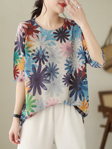 Women Summer Casual Floral Loose Knitted Shirt