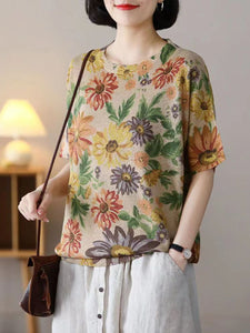 Women Summer Casual Floral Knitted O-Neck Shirt