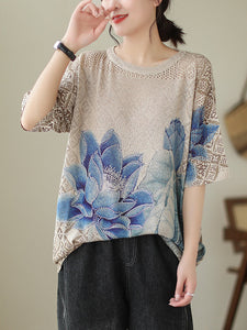 Women Summer Retro Blue Flower  Knitted Shirt