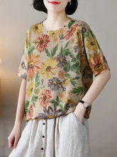 Load image into Gallery viewer, Women Summer Casual Floral Knitted O-Neck Shirt