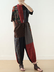 Women Summer Vintage Patchwock Drawstring Linen Jumpsuits