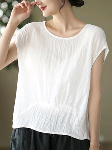 Women Casual Summer Stitching Crease Ramie Shirt