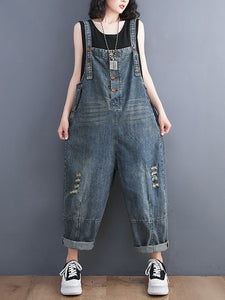 Women Summer Retro Frayed Solid Loose Denim Jumpsuits