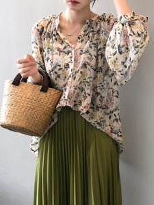 Women Summer Artsy Floral V-neck Loose Shirt