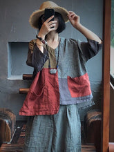 Load image into Gallery viewer, Plus Size Women Linen Retro Patch Spliced Pocket Irregular Loose Shirt