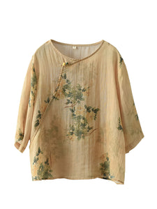 Women Summer Vintage Flower Slant Closure Ramie Shirt