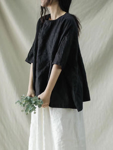 Women Summer Solid Stitching Loose Linen Shirt