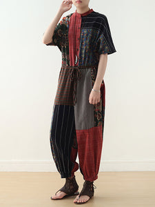 Women Summer Vintage Patchwock Drawstring Linen Jumpsuits