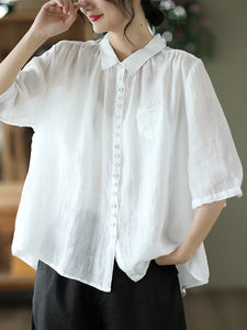 Women Spring Artsy Solid Button Embroidery Loose Ramie Shirt