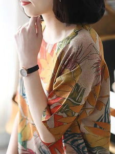 Women Summer Casual Leaf Print Loose Pullover Shirt