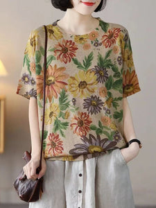 Women Summer Casual Floral Knitted O-Neck Shirt