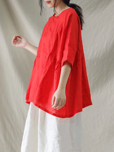 Women Summer Solid Stitching Loose Linen Shirt