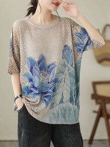 Women Summer Retro Blue Flower  Knitted Shirt