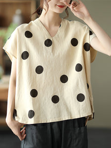 Women Commute Dot Loose V-Neck Cotton Linen Shirt