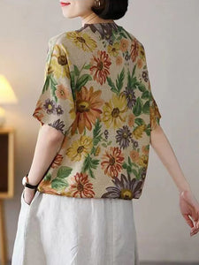 Women Summer Casual Floral Knitted O-Neck Shirt