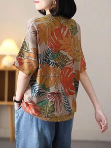 Women Summer Casual Leaf Print Loose Pullover Shirt