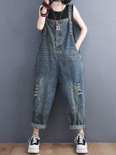 Load image into Gallery viewer, Women Summer Retro Frayed Solid Loose Denim Jumpsuits