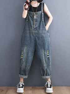 Women Summer Retro Frayed Solid Loose Denim Jumpsuits