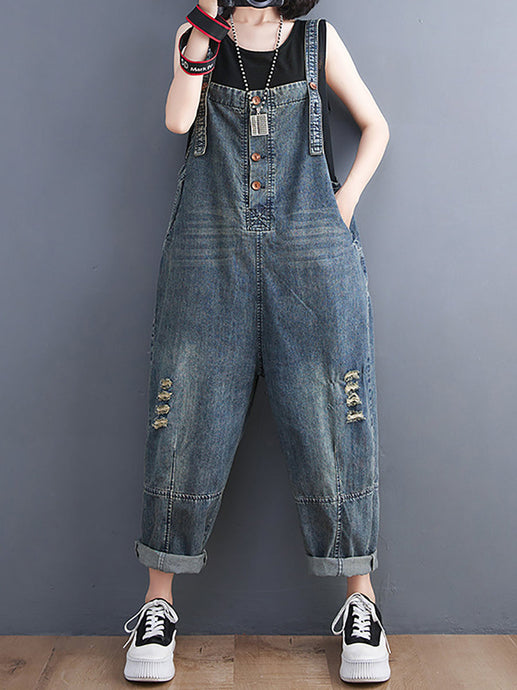 Women Summer Retro Frayed Solid Loose Denim Jumpsuits