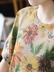 Women Summer Casual Floral Knitted O-Neck Shirt