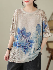 Women Summer Retro Blue Flower  Knitted Shirt