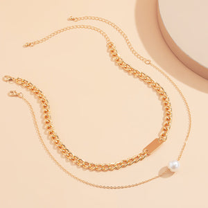 Simple double-layer geometric square pearl necklace temperament and generous metal chain neck necklace