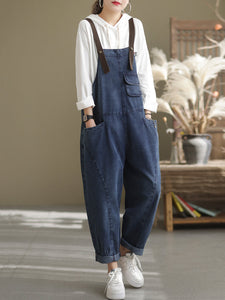 Women Retro Solid Pocket Button Washed Loose Denim Jumpsuits