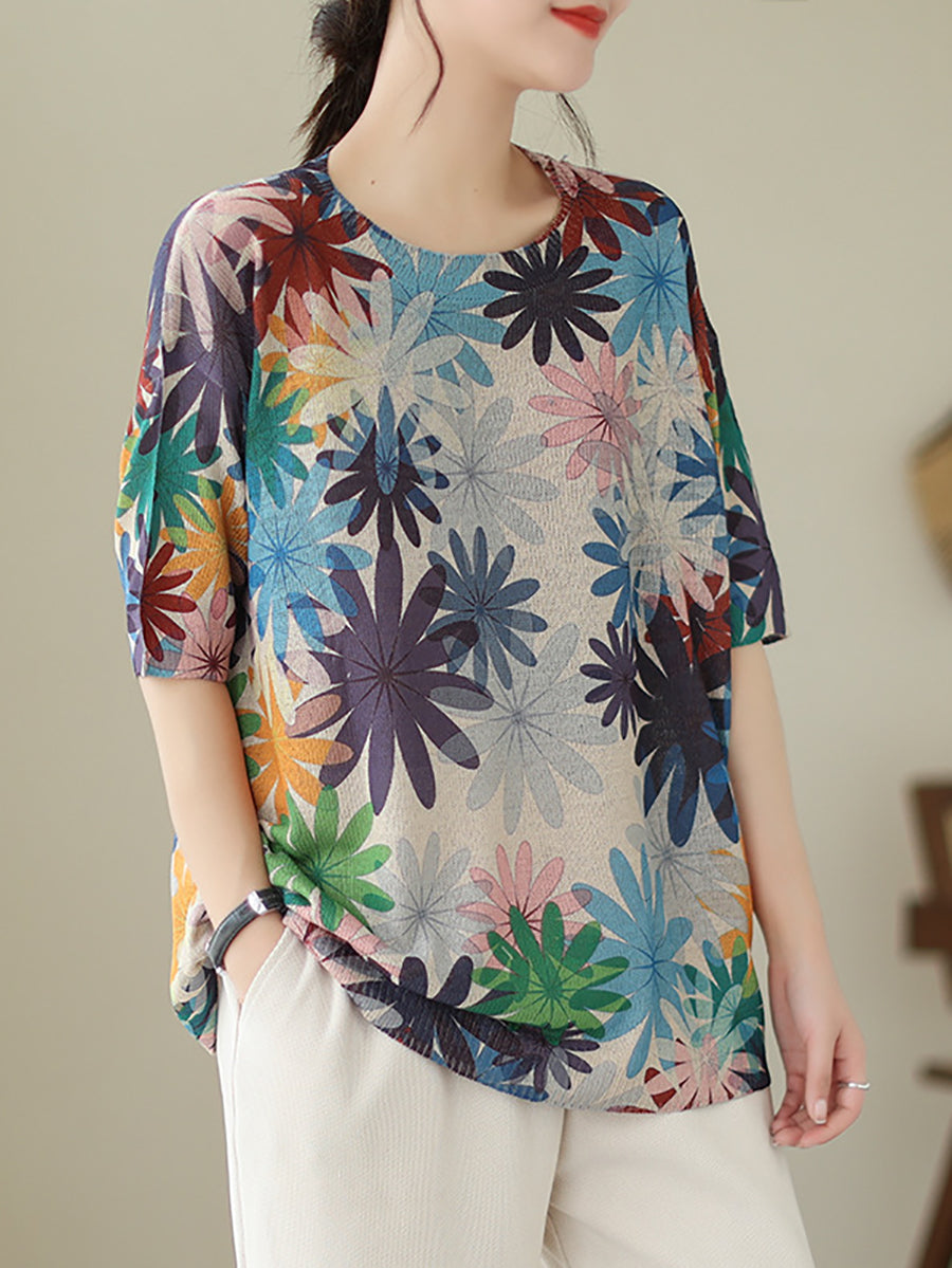 Women Summer Casual Floral Loose Knitted Shirt