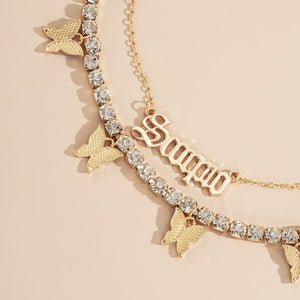 Multi-butterfly necklace women simple retro letter flash diamond collarbone necklace