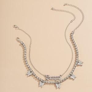 Multi-butterfly necklace women simple retro letter flash diamond collarbone necklace