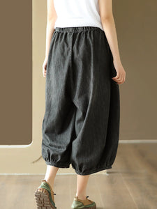 Women Summer CasuaL Solid Drawstring Pocket Denim Harem Pants