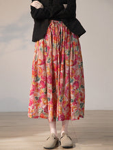 Load image into Gallery viewer, Plus Size Women Summer Artsy Flower Drwastring Ramie Skirt