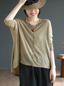 Women Casual Solid Soft Linen Knitted Button Cardigan Shirt