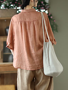 Women Spring Artsy Solid Button Embroidery Loose Ramie Shirt