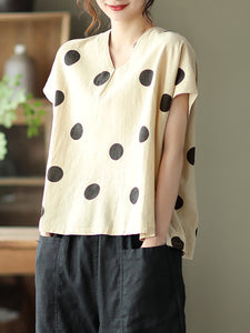 Women Commute Dot Loose V-Neck Cotton Linen Shirt