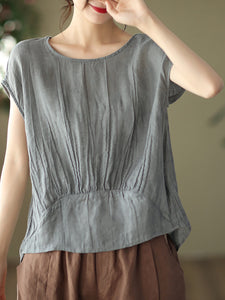 Women Casual Summer Stitching Crease Ramie Shirt