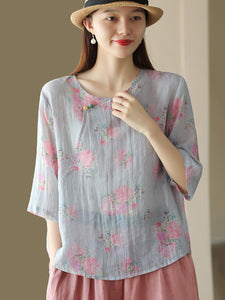 Women Summer Vintage Flower Slant Closure Ramie Shirt