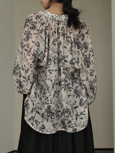 Women Artsy Drawstring Ornate Button Leaf Print Shirt