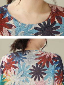 Women Summer Casual Floral Loose Knitted Shirt