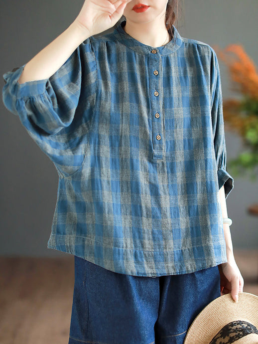 Women Retro Plaid Button Batwing Sleeve Cotton Shirt