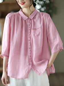 Women Spring Artsy Solid Button Embroidery Loose Ramie Shirt