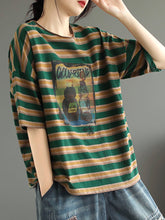 Load image into Gallery viewer, Women Summer Casual Stripe Cartoon Print Cotton Shirt