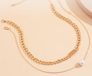 Simple double-layer geometric square pearl necklace temperament and generous metal chain neck necklace